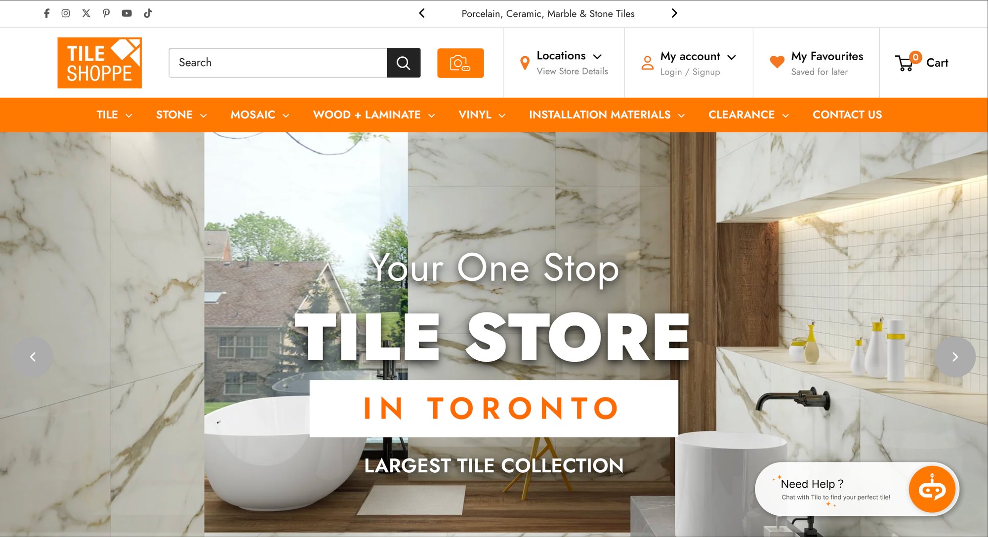 The Tile Shoppe homepage with the TILO chat button